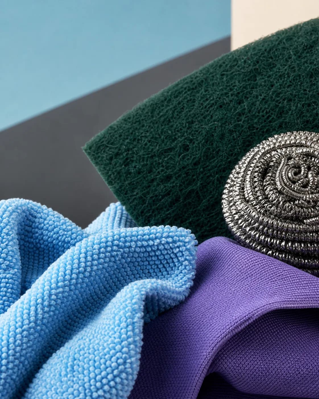 Concept visual of blue and purple microfibre cloths, a green scouring pad and a steel scourer