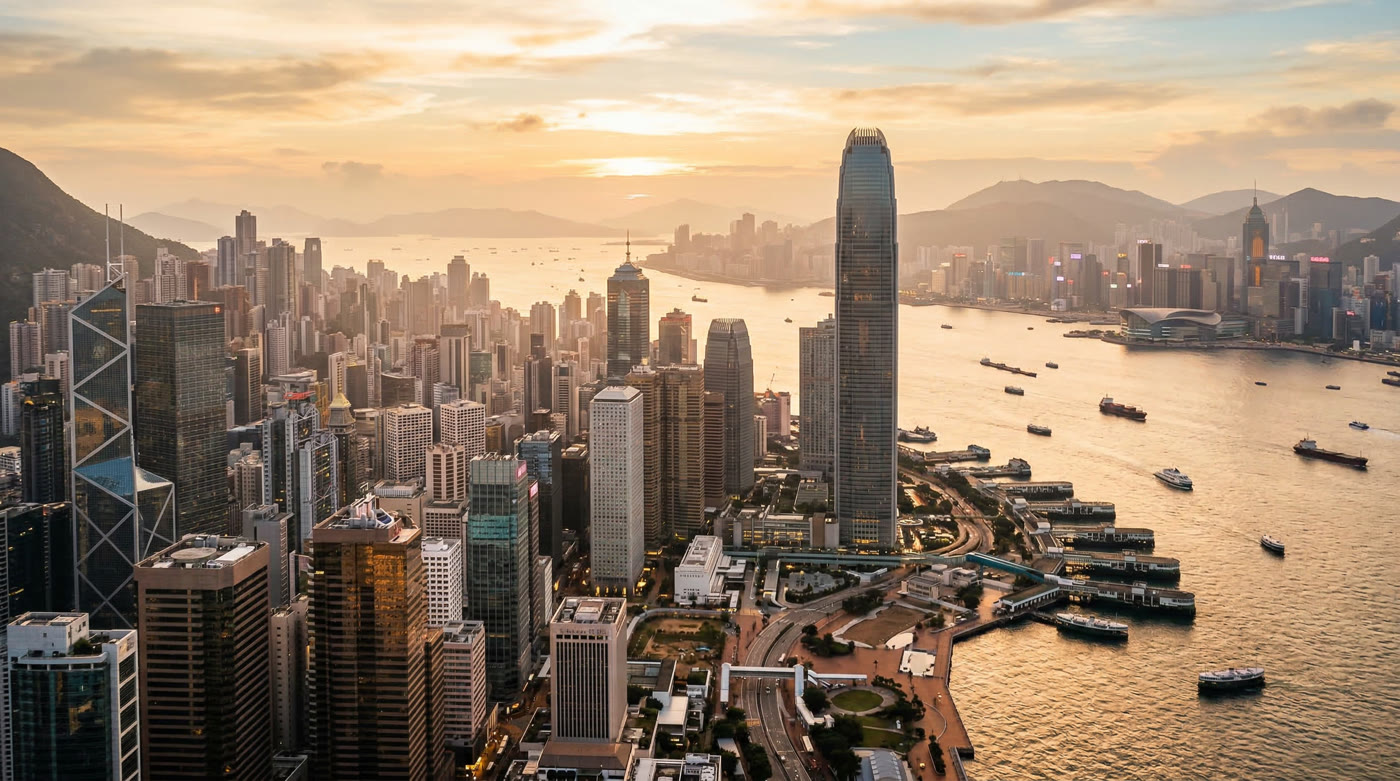 Vue aérienne de Hong Kong Central et Victoria Harbour au coucher du soleil