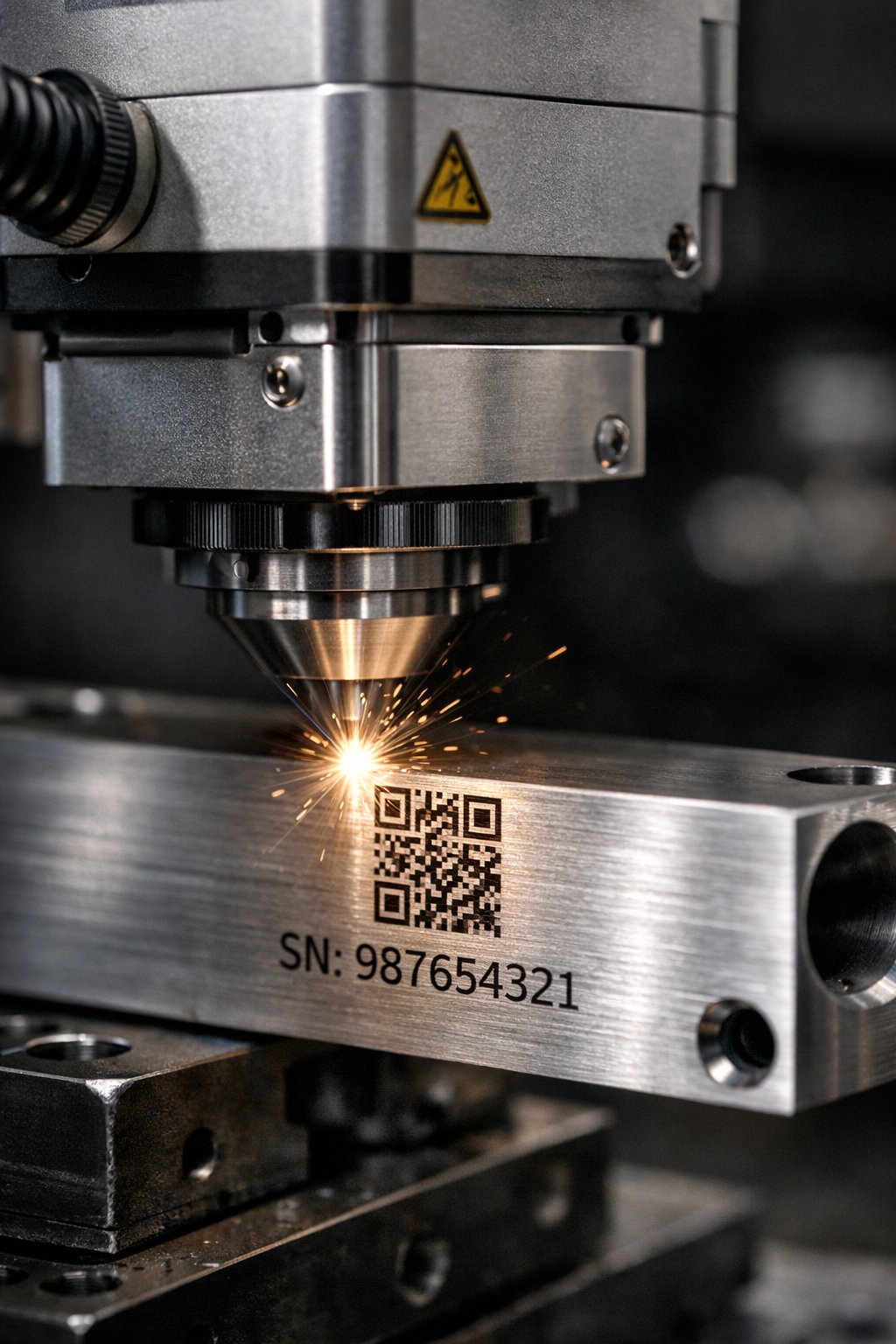 Marquage laser industriel gravant un QR code sur pièce métallique
