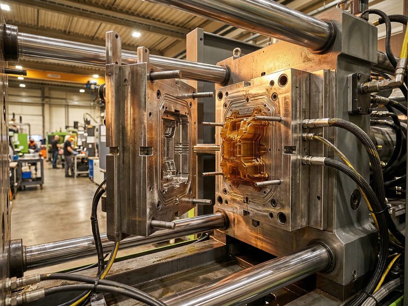 Opérateur vérifiant des pièces plastiques en sortie de moule