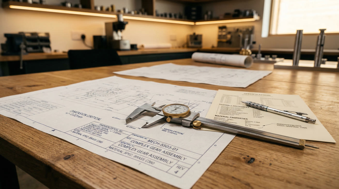 Documents techniques et outils de précision sur table d'ingénierie